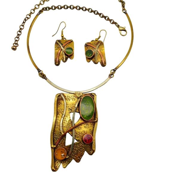 Modernist Artisan Confetti Pendant Necklace Earrings Set Mixed Metals Abstract - Picture 8 of 14